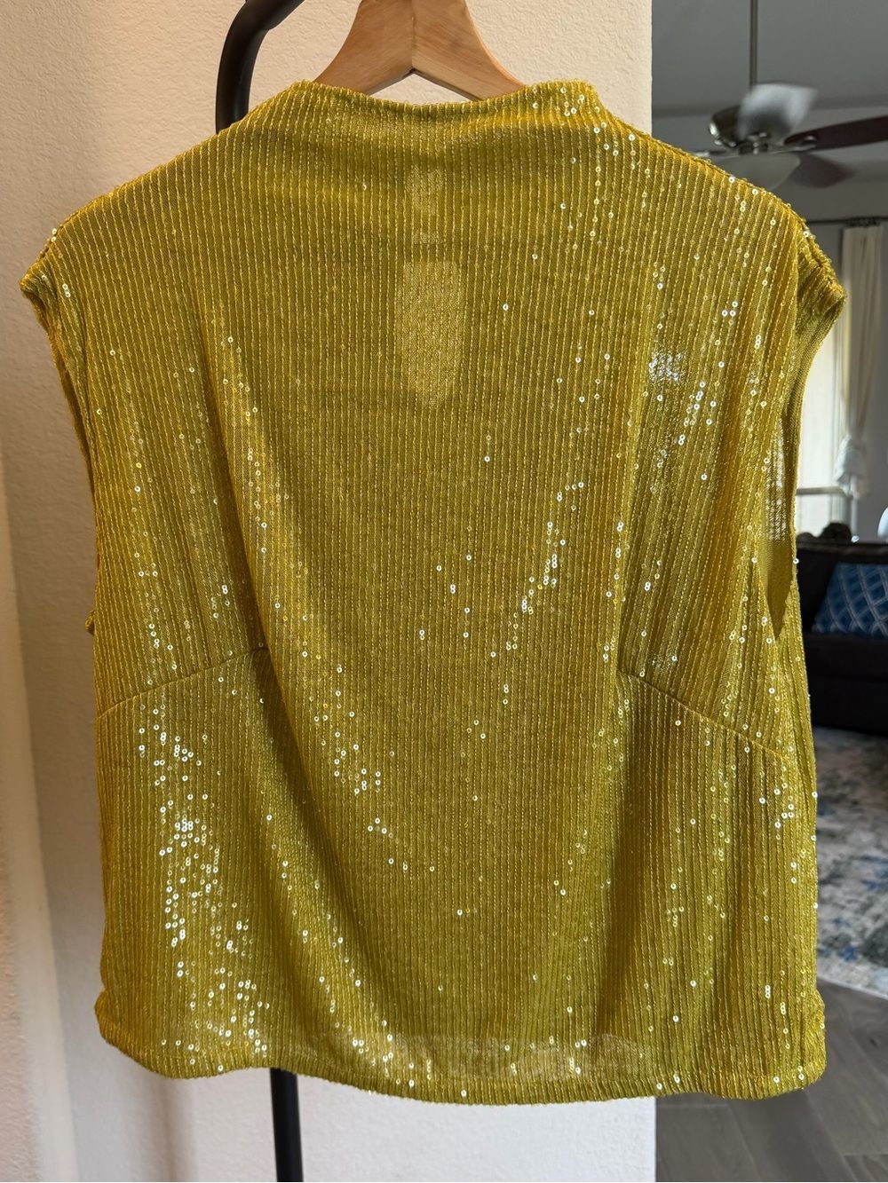 NWT By Anthropologie Sequin Keyhole Mock Neck Top Chartreuse Lime Green L